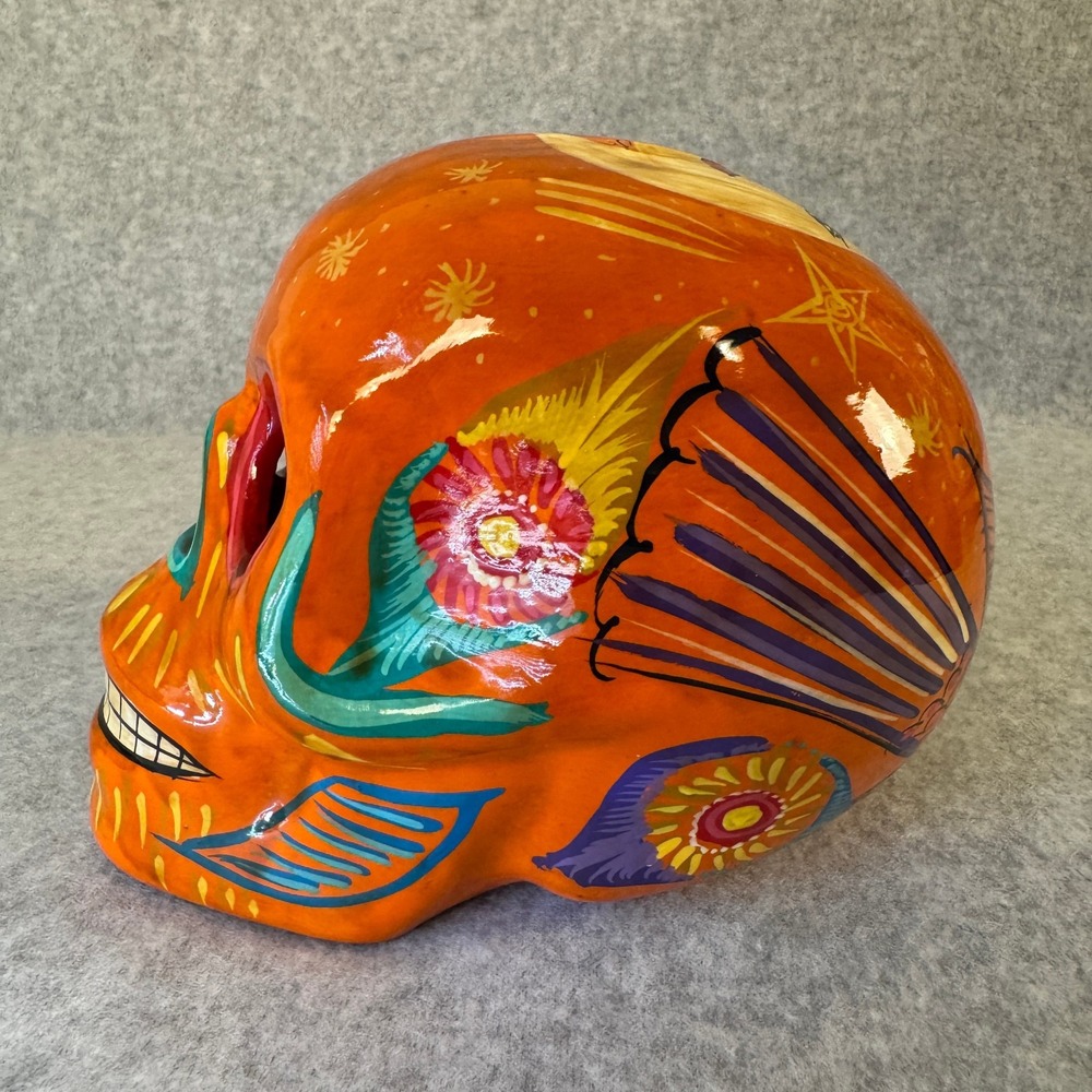 Hand Painted Day Of The Dead Orange White Green Yellow Skull Flowers Birds Stars - Picture 4 of 6